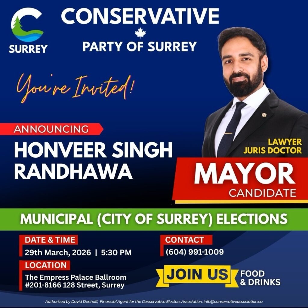 Honveer Singh Randhawa Announced as Mayoral Candidate by Conservative Party of Surrey