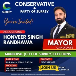 Honveer Singh Randhawa Announced as Mayoral Candidate by Conservative Party of Surrey
